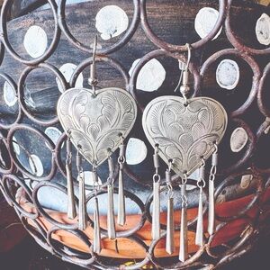 Vintage etched heart sterling silver dangle earrings